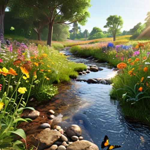 Home 6 **A field of colorful flowers with a clear stream running through it, showcasing phytoremediation techniques. Sunlight filters through the trees, and butterflies flutter around the plants. The style is vibrant and hopeful, emphasizing the natural beauty of the restored environment.**
