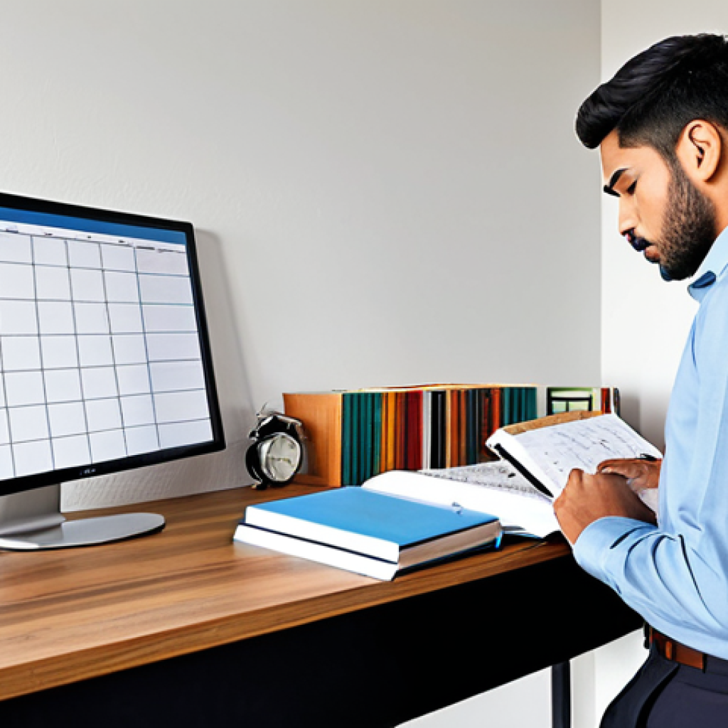 A focused professional student, in a modest collared shirt and slacks, thoughtfully analyzing a large study planner spread out on a clean, modern wooden desk in a bright, organized home office. A wall-mounted digital clock indicates the time, and a few neatly stacked textbooks are visible. The atmosphere is calm and conducive to learning. safe for work, appropriate content, fully clothed, professional, perfect anatomy, correct proportions, natural pose, well-formed hands, proper finger count, natural body proportions, high-quality digital illustration.