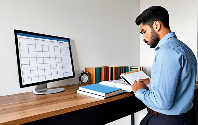A focused professional student, in a modest collared shirt and slacks, thoughtfully analyzing a large study planner spread out on a clean, modern wooden desk in a bright, organized home office. A wall-mounted digital clock indicates the time, and a few neatly stacked textbooks are visible. The atmosphere is calm and conducive to learning. safe for work, appropriate content, fully clothed, professional, perfect anatomy, correct proportions, natural pose, well-formed hands, proper finger count, natural body proportions, high-quality digital illustration.