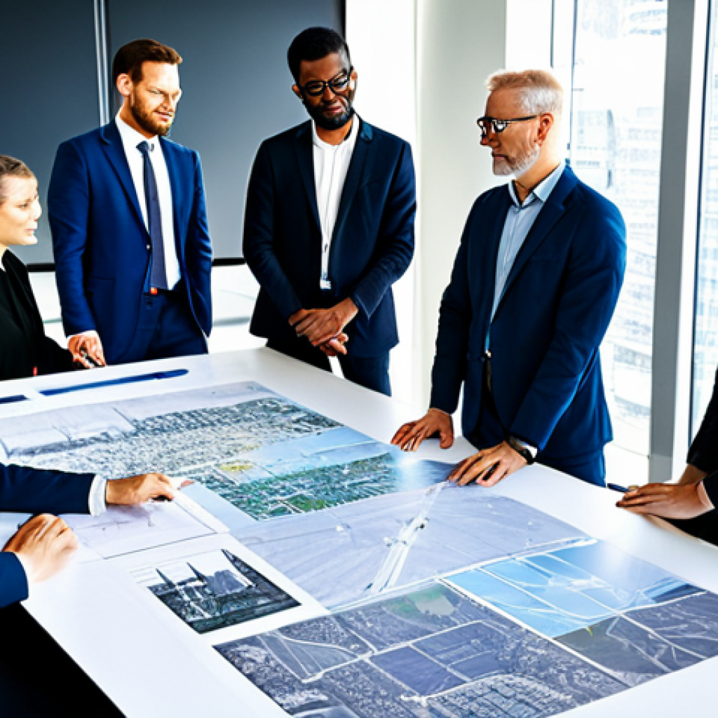 A group of diverse professionals, including urban planners, environmental engineers, and architects, fully clothed in professional business attire, collaboratively reviewing blueprints and digital models of a sustainable city project on a large screen in a modern, sunlit office. The scene emphasizes innovation and interdisciplinary teamwork, showcasing a professional and forward-thinking atmosphere. safe for work, appropriate content, modest clothing, perfect anatomy, correct proportions, natural pose, well-formed hands, proper finger count, natural body proportions, professional photography, high quality.