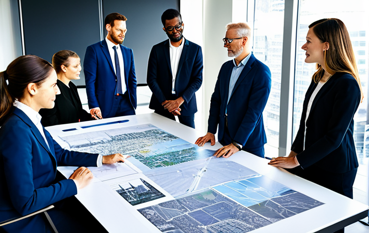 A group of diverse professionals, including urban planners, environmental engineers, and architects, fully clothed in professional business attire, collaboratively reviewing blueprints and digital models of a sustainable city project on a large screen in a modern, sunlit office. The scene emphasizes innovation and interdisciplinary teamwork, showcasing a professional and forward-thinking atmosphere. safe for work, appropriate content, modest clothing, perfect anatomy, correct proportions, natural pose, well-formed hands, proper finger count, natural body proportions, professional photography, high quality.