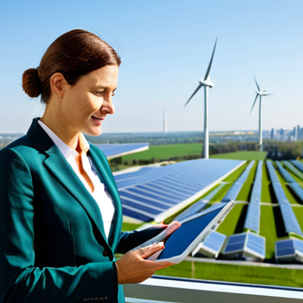 Sustainable Business Innovation**

"A professional female environmental manager, fully clothed in a modest business attire, reviewing data on a tablet in a bright, modern office overlooking a green city. Solar panels and wind turbines are visible in the distance. Focus on sustainability and innovation, appropriate content, safe for work, perfect anatomy, natural proportions, professional corporate photography, high quality, family-friendly."

**