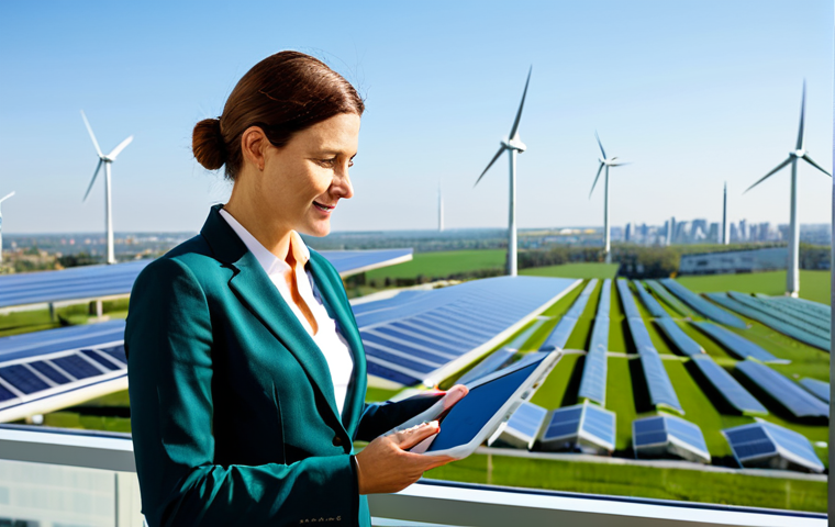 Sustainable Business Innovation**
"A professional female environmental manager, fully clothed in a modest business attire, reviewing data on a tablet in a bright, modern office overlooking a green city. Solar panels and wind turbines are visible in the distance. Focus on sustainability and innovation, appropriate content, safe for work, perfect anatomy, natural proportions, professional corporate photography, high quality, family-friendly."
**