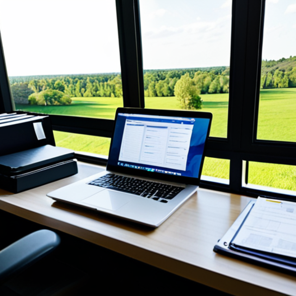 **
A well-organized environmental manager's office. The desk features a modern laptop displaying a clear, structured digital activity log. Scattered around are neatly stacked folders and documents related to environmental compliance. Sunlight streams in through a window overlooking a lush green landscape. The overall impression is one of efficiency, professionalism, and commitment to sustainability. Includes the terms: "safe for work", "appropriate content", "fully clothed", "professional", "modest". perfect anatomy, natural proportions.
**