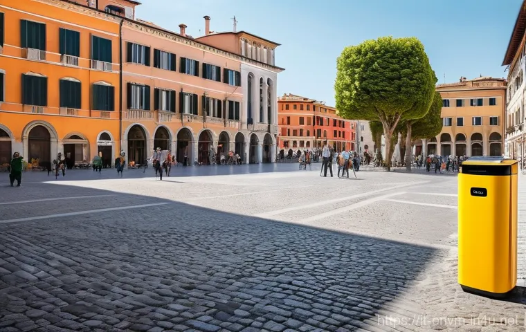 환경관리사와 관련된 최신 기술 - **Prompt: "A vibrant, sun-drenched Italian piazza with smart waste management in action. Modern, sle...