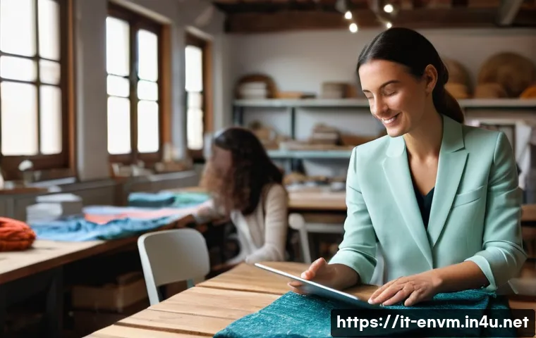 환경관리사로서 자격증 취득 후 계획 - **"A vibrant, engaging scene inside a modern Italian textile workshop in Emilia-Romagna. A confident...