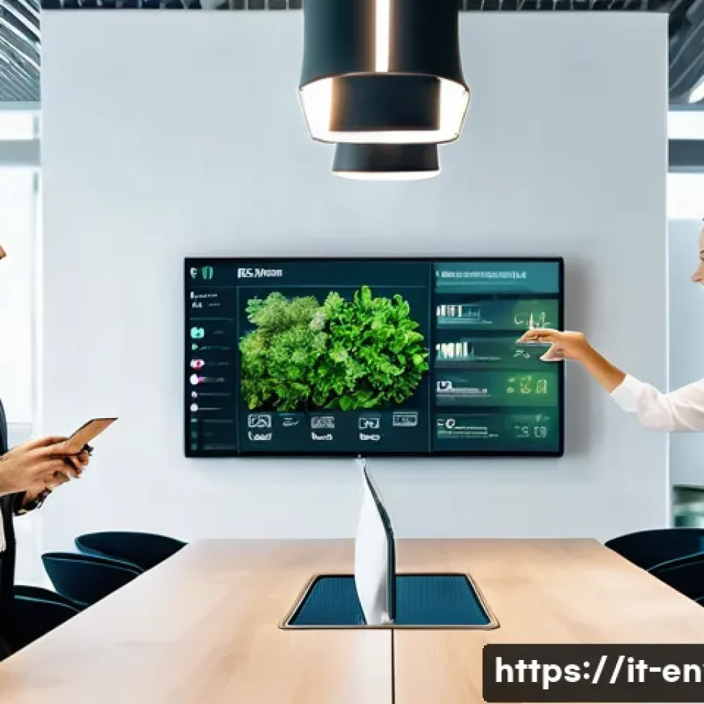환경관리사와 관련된 워크숍 참여 후기 - A modern European corporate office environment focused on environmental sustainability, featuring di...
