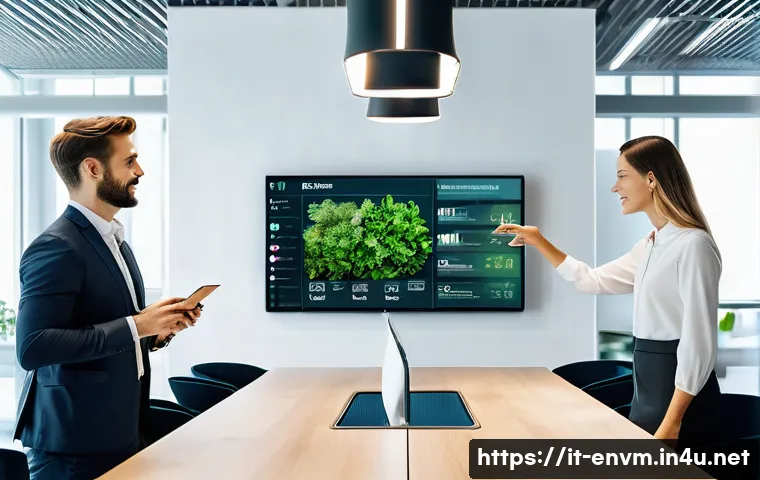 환경관리사와 관련된 워크숍 참여 후기 - A modern European corporate office environment focused on environmental sustainability, featuring di...