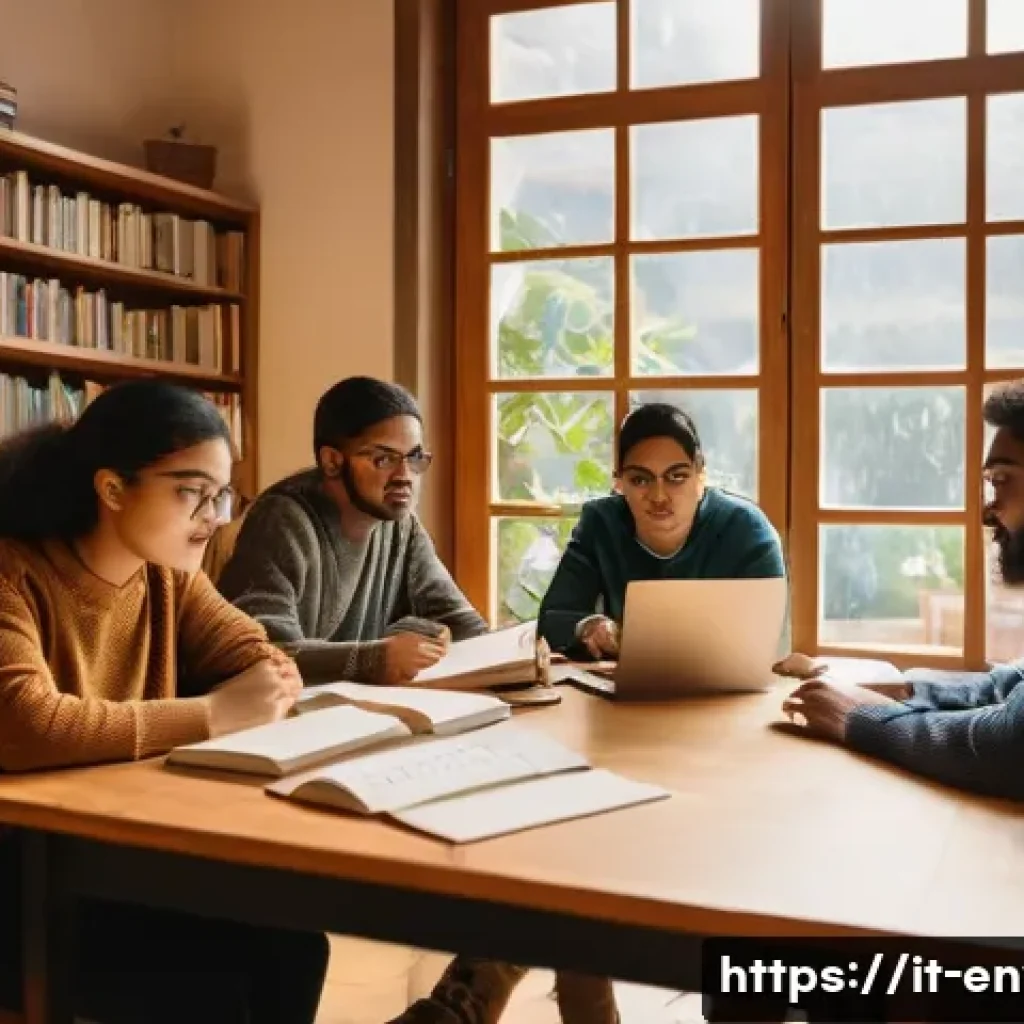 환경관리사 시험 대비 스터디 모임 활용법 - A diverse group of young adults studying together around a large wooden table in a cozy Italian-styl...