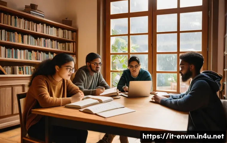 환경관리사 시험 대비 스터디 모임 활용법 - A diverse group of young adults studying together around a large wooden table in a cozy Italian-styl...