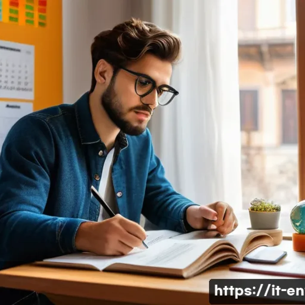 환경관리사 시험에서 합격률 높이는 요령 - A focused Italian student studying environmental management at a cozy wooden desk by a window with n...
