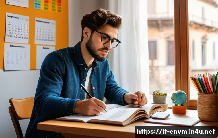 환경관리사 시험에서 합격률 높이는 요령 - A focused Italian student studying environmental management at a cozy wooden desk by a window with n...