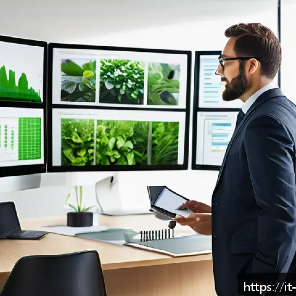 환경관리사 자격증으로 글로벌 진출 - A professional Environmental Manager in a modern office setting, reviewing digital environmental imp...