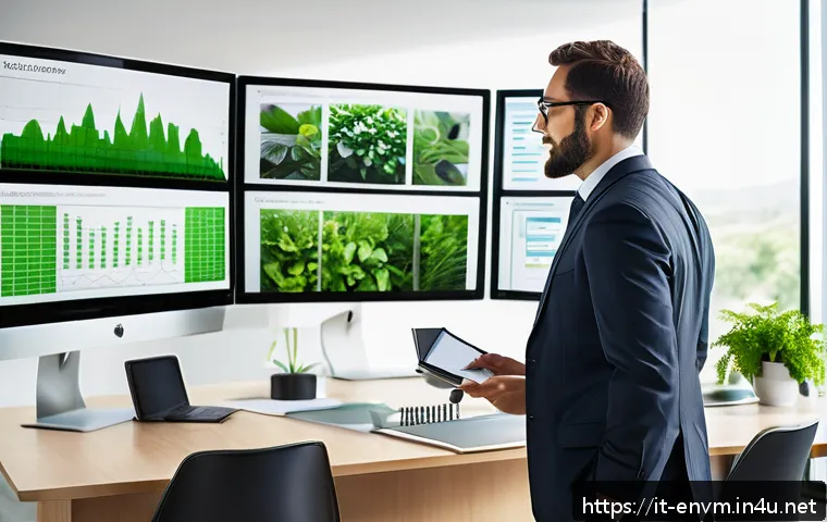 환경관리사 자격증으로 글로벌 진출 - A professional Environmental Manager in a modern office setting, reviewing digital environmental imp...