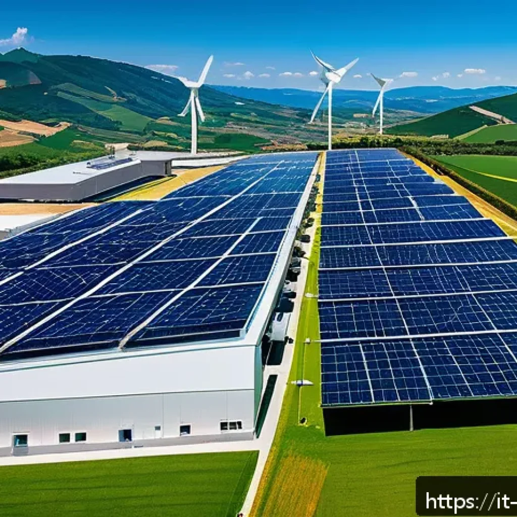 환경관리사와 국제 환경 규제 - A modern industrial facility rooftop covered with large solar panels and small wind turbines, surrou...