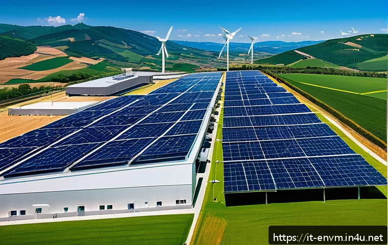 환경관리사와 국제 환경 규제 - A modern industrial facility rooftop covered with large solar panels and small wind turbines, surrou...