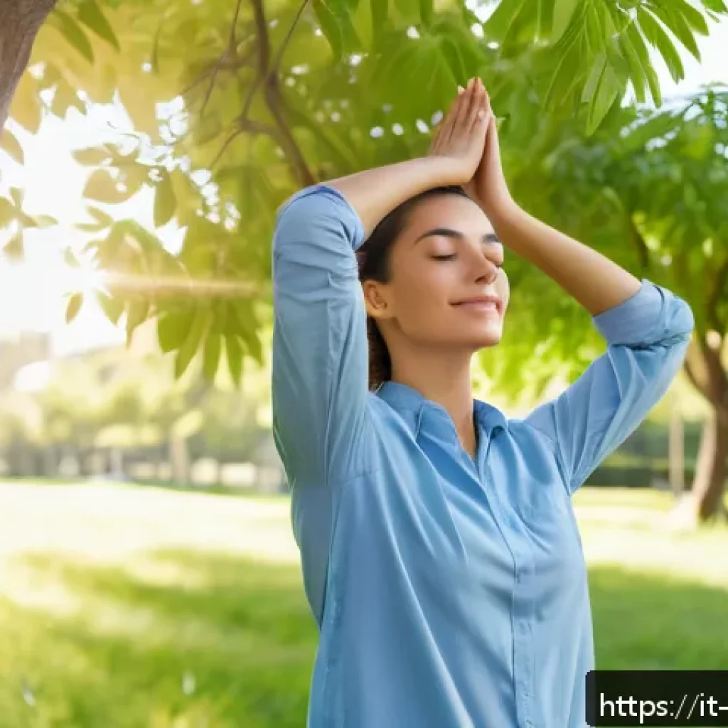 환경관리사 업무 스트레스 관리법 - A professional environmental worker taking a mindful break outdoors in a lush green park during a su...