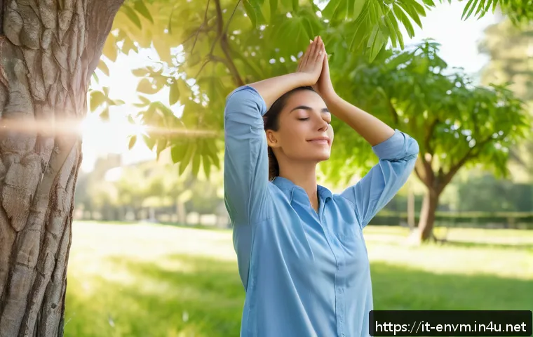 환경관리사 업무 스트레스 관리법 - A professional environmental worker taking a mindful break outdoors in a lush green park during a su...