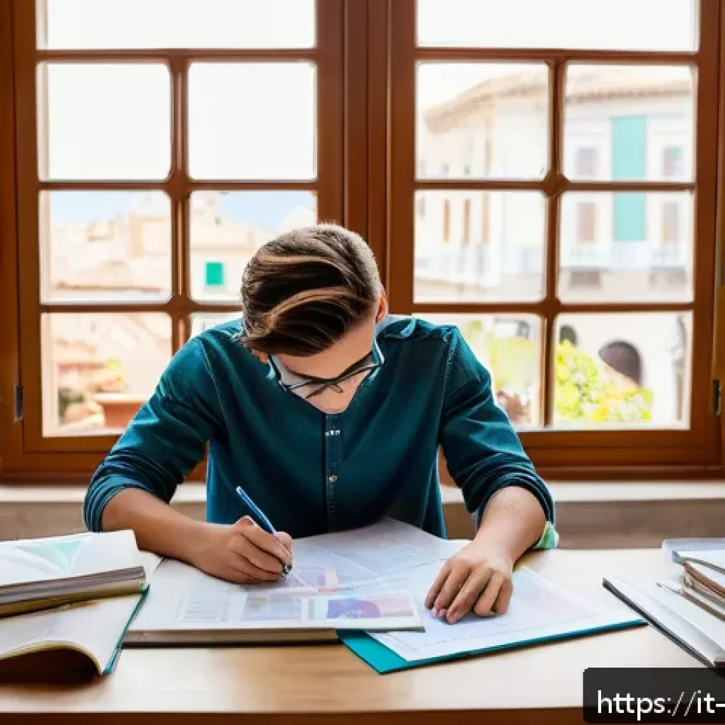 환경관리사 자격증 기출문제 풀이 - A focused young adult student sitting at a tidy desk in a cozy Italian-style study room, surrounded ...