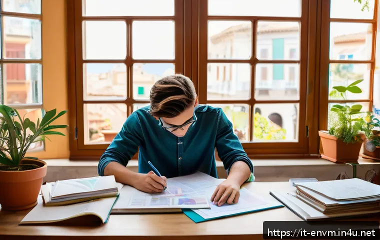 환경관리사 자격증 기출문제 풀이 - A focused young adult student sitting at a tidy desk in a cozy Italian-style study room, surrounded ...