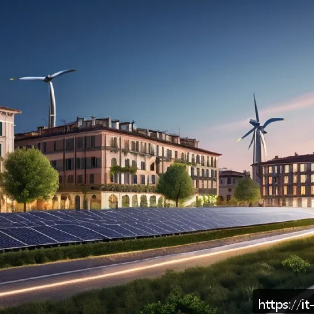 환경관리사와 기후 변화 대응 방안 - A futuristic Italian smart cityscape at dusk, showcasing eco-friendly urban innovations: solar panel...