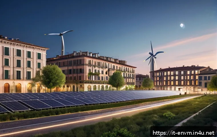 환경관리사와 기후 변화 대응 방안 - A futuristic Italian smart cityscape at dusk, showcasing eco-friendly urban innovations: solar panel...