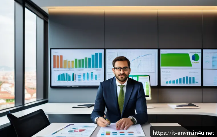 환경관리사 자격증으로 승진 성공 사례 - A professional Italian environmental manager in a modern office setting, reviewing complex charts an...