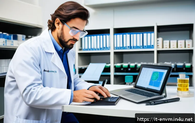 환경관리사 취업 준비 가이드 - A professional environmental scientist in a modern Italian university laboratory, wearing a lab coat...
