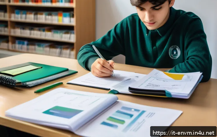 환경관리사 실기 시험장에서 주의할 점 - A focused Italian student sitting at a desk in a bright, organized study room preparing for an envir...