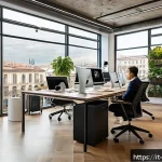 Home 19 환경관리사와 친환경 스타트업 사례 - A modern Italian startup office focused on green technology, featuring young professionals wearing b...