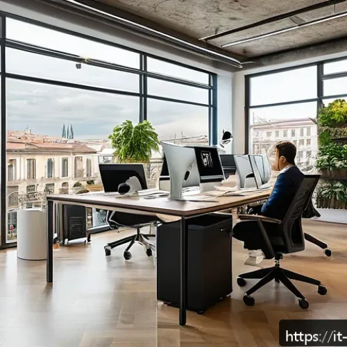 Home 31 환경관리사와 친환경 스타트업 사례 - A modern Italian startup office focused on green technology, featuring young professionals wearing b...