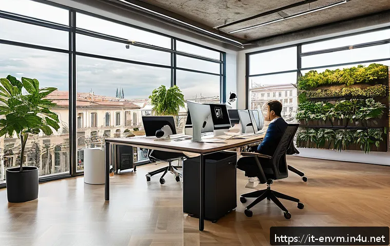 환경관리사와 친환경 스타트업 사례 - A modern Italian startup office focused on green technology, featuring young professionals wearing b...
