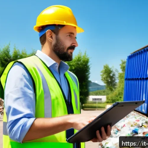 Home 17 환경관리사 자격증의 커리어 혜택 - A professional environmental manager in Italy wearing business casual attire and a green safety vest...