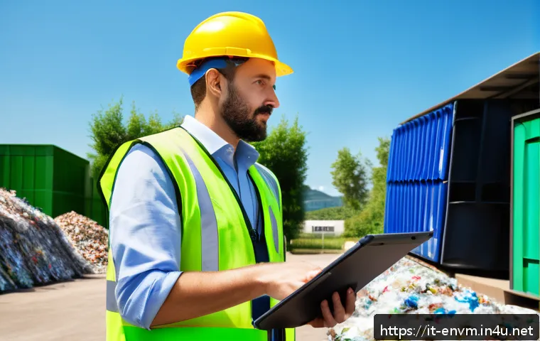 환경관리사 자격증의 커리어 혜택 - A professional environmental manager in Italy wearing business casual attire and a green safety vest...