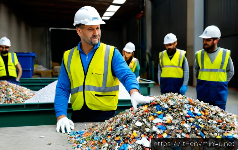 환경관리사로서 성공하는 법 - Photorealistic environmental manager in a modern Italian municipal recycling facility, wearing a cle...