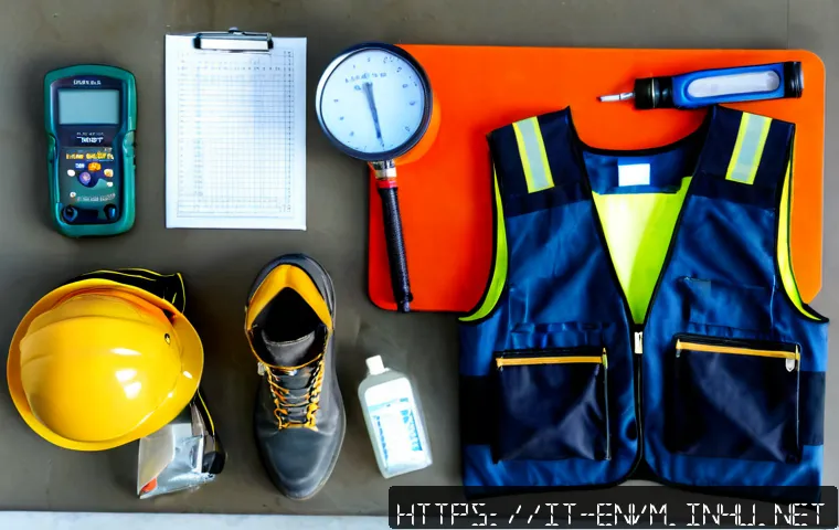 Home 17 환경관리사 실기시험 도구 준비 - Photorealistic overhead flat lay of practical environmental inspection exam tools arranged neatly on...