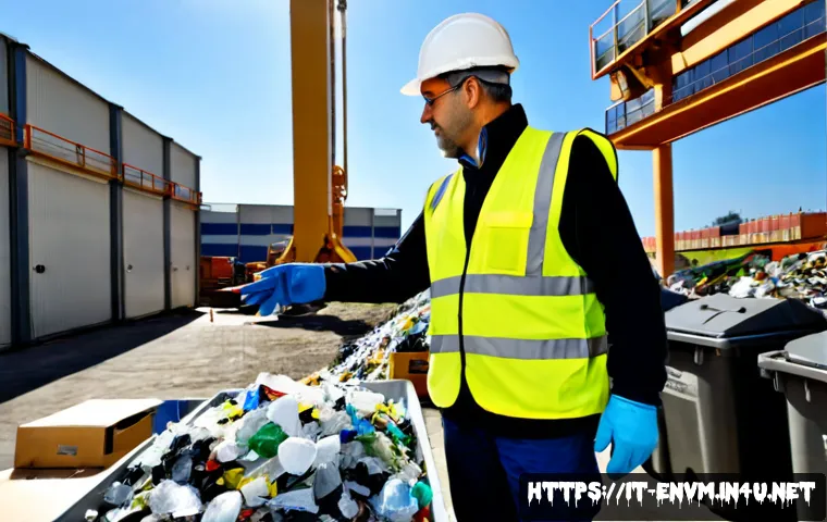 환경관리사 자격증 활용 사례 - Photorealistic environmental management specialist conducting a waste-sorting inspection at a modern...