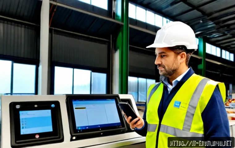 환경관리사 실무에 도움이 되는 앱 - Photorealistic environmental manager in a modern Italian municipal recycling facility, wearing a hig...